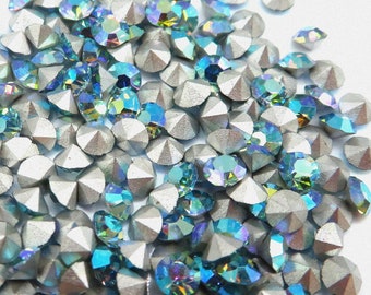 Vintage Swarovski Strasssteine, 3 mm Aqua AB Blau, Silberfolie (24 Stück)