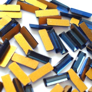 24pc 6x2mm Vintage Montana Sapphire Rhinestones, Gold Foiled Flat Backs