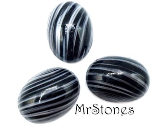 2 pc Lot 18x13mm Black White Striped Oval Cabochons Vintage Glass Czech Stones