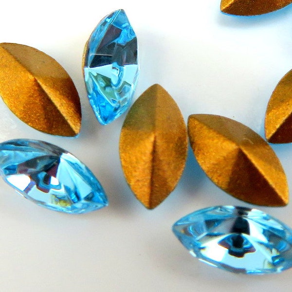 24 pc Lot 6x3mm Aqua Blue Marine Marquise Navette Vintage Swarovski 4200/2 TTC Rhinestones Gold Foiled