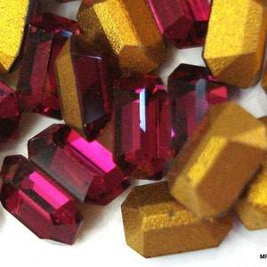 12 pc Lot 5x3mm Ruby Red Cushion Octagon Rhinestones Swarovski Vintage 4600 Pointed Back Gold Foil