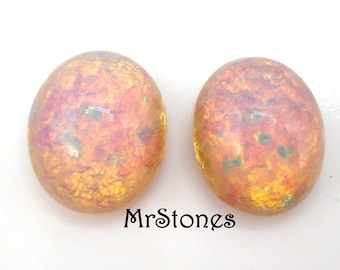 2 szt. Lot 12 x 10 mm Ognisty Opal Szkło Owalne Kaboszony Vintage Zachodnie Niemcy Kamienie Harlequin