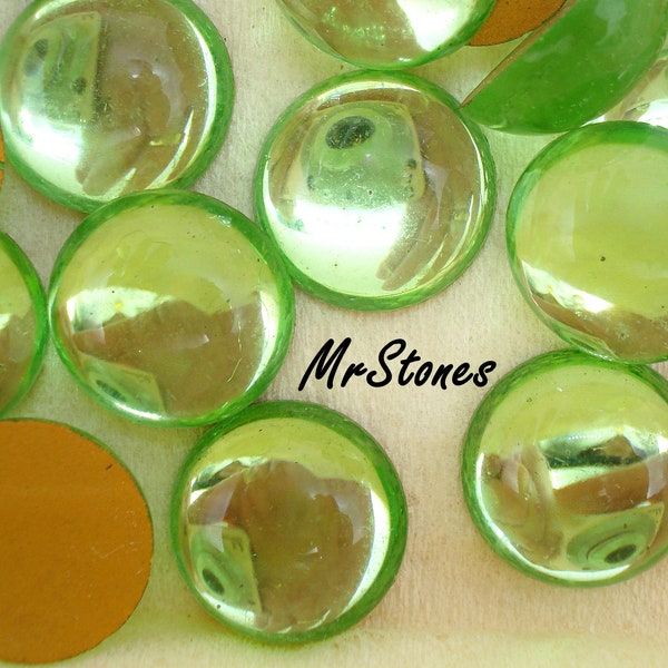 6 pc Lot 15mm Peridot Green Round Cabochons Gold Foiled Vintage Glass Czech Stones Domed Top Flat Back