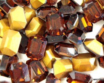 6 pc Vintage Swarovski Smoked Topaz Rhinestones, Gold Foiled (8x6mm)