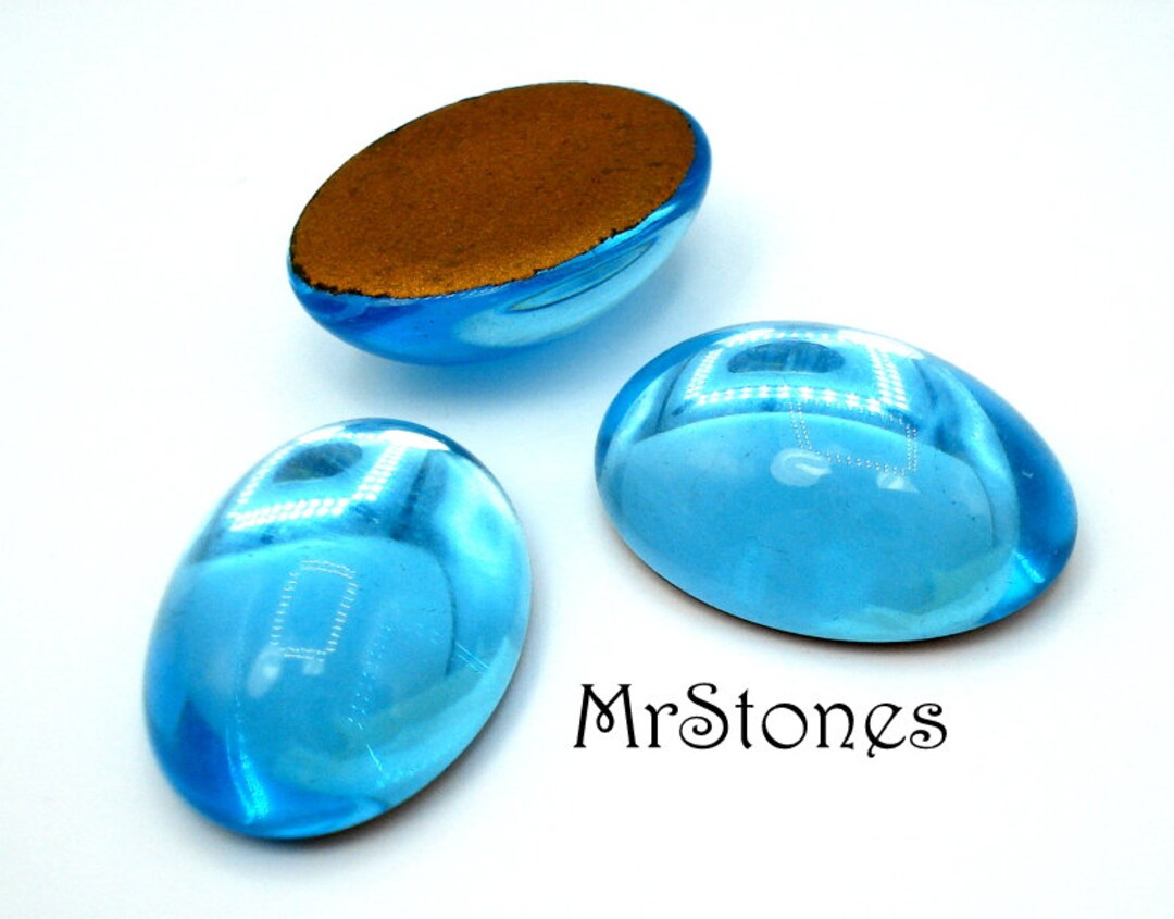 6 Pc Lot 18x13mm Bohemian Aqua Vintage Czech Glass Oval Stones Gold