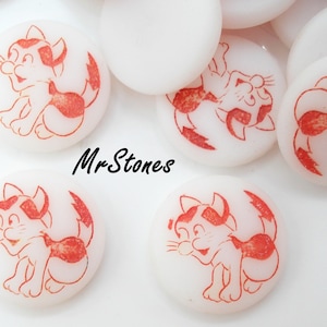 4 Stück 11mm Weiß Rote Katze Kitty Runde Cabochon Disc Form Handgemachte Vintage Glas West Germany