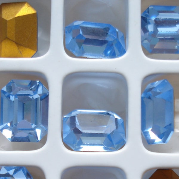 4 pc Lot 10x8mm Light Sapphire Blue Cushion Octagon Vintage Swarovski 176 4600 Gold Foiled Rhinestones