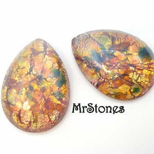 2 pc Lot 18x13mm Fire Opal Harlequin Pear Shape Pendeloque Glass Cabochon Czech