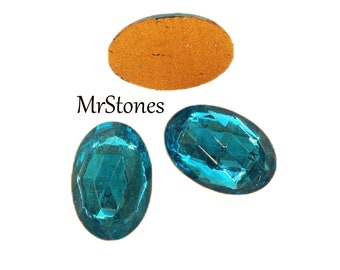 4 pc Lot 16x11mm Blue Zircon Teal Color Oval Shape Rauten Rose Cut Gold Foiled Vintage Glass Stones