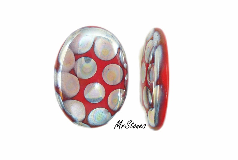 2pcs 18x13mm Shiny Red Peacock Oval Cabochon Low Dome 3mm Foiled Czech Glass Stones image 1