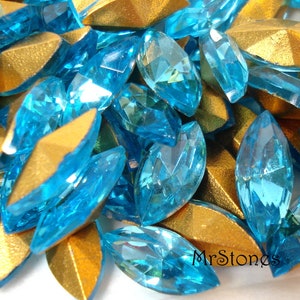 6 pc Lot 15x7mm Aquamarine Blue Green Marquise Navette Gold Foiled Vintage Czech Rhinestones