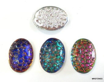 4 pc Lot ~ 14x10mm (7878) Snakeskin Look Ovals Specialty Vintage Glass Cabochons Silver Color Back