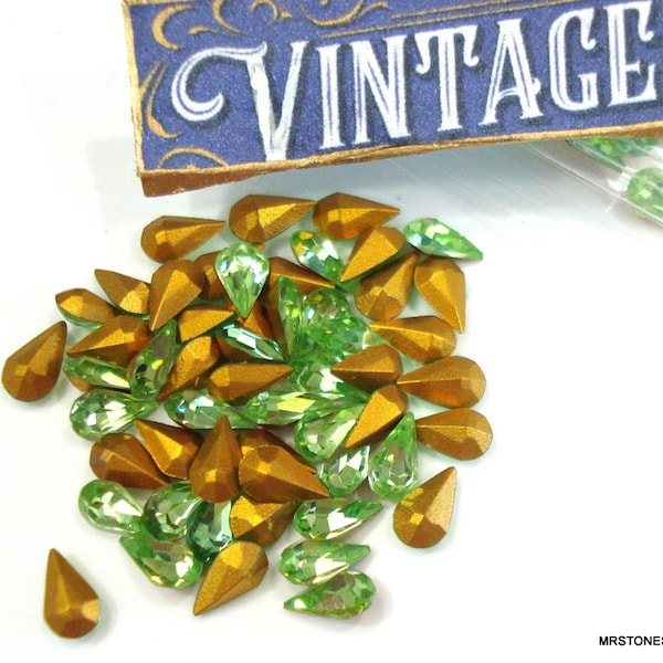 20 pc Lot ~ 6x3.6mm Peridot Pears Vintage Swarovski 4300 Gold Foiled Pointed Back Rhinestones