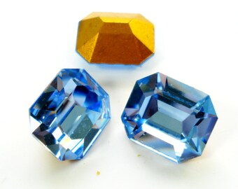 6pc Vintage Light Sapphire Blue Rhinestones, Gold Foiled (12x10mm)