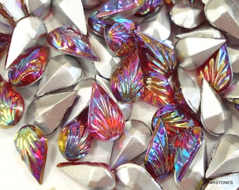 6 pc Lot 10x6mm (3101) Rubis AB Poires Feuille Feuilles Lignes Texturées Feuille D'argent Pointu Retour vintage Strass Cannelé Larme