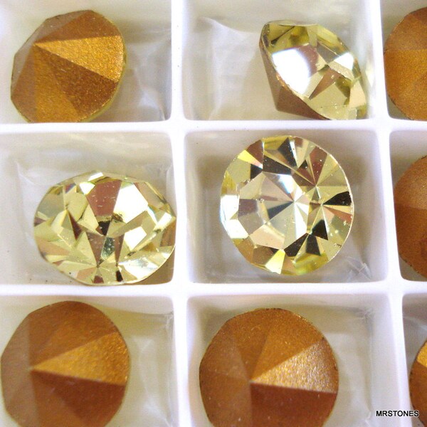 6 pc Lot 11mm Jonquil Yellow 47ss Vintage Swarovski 1100 Round Chaton Rhinestones Gold Foiled Pointed Back