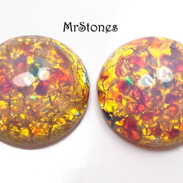 2 pc Lot 18mm Fire Opal Round Cabochon Vintage Glass Czech Stones