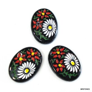 4 pc Lot ~ 18x13 mm (VFP) Glass Black Oval Enamel Red White Floral Flower