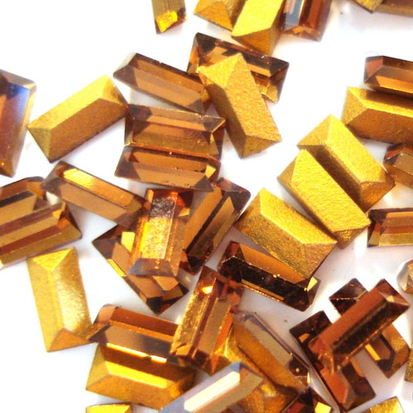 12 pc Lot 4x2mm Smoked Topaz Baguettes Gold Foiled Pointed Back Vintage Swarovski 4500 Rhinestones