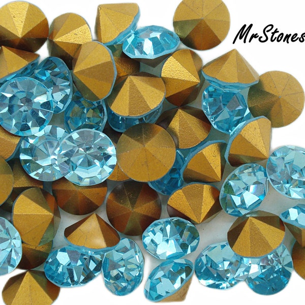 6pc Lot 10.3mm app. Czech Aqua Bohemian Blue Round Chatons Preciosa Rhinestones Gold Foiled 46ss