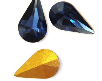 6 pc Lot 13x7.8mm Montana Sapphire Gold Foiled Pointed Back Rhinestone Shallow Cut Pears Teardrop Shape Vintage (4306) Swarovski