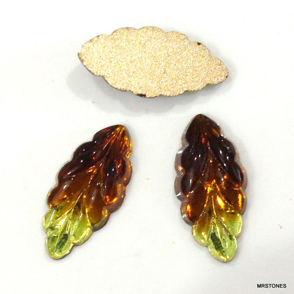 6 pc Lot 15x7mm Peridot/Smoked Topaz Marquise Flat Back Leaves Gold Foiled Navette German Vintage Glass Stones