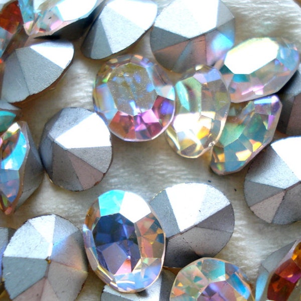 4 pc Lot 12x10mm Crystal AB Oval Machine Cut Swarovski #286 4100 Silver Foil Vintage Rhinestones