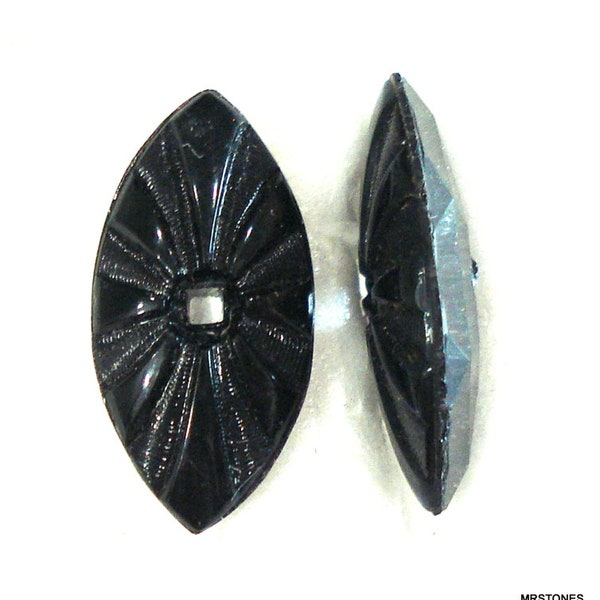 10 pc Lot ~ 18x9 mm (FANMQ) Jet Black Fan Sunray 2mm Hole Marquise Navette Buff Top Doublet.  Faceted Bottom Grooved Top Glass Stones.