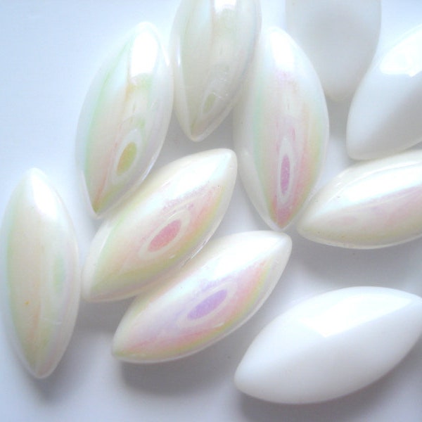 24 pc Lot 10x5mm Chalk White AB Marquise Navette Buff Top Doublets Vintage Glass Stones West Germany Dome Top Pointed Back