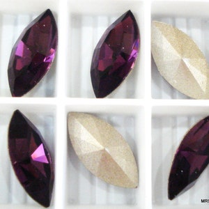 6 pc Lot 15x7mm Amethyst Marquise Navette Swarovski 4200 Machine Cut Silver Foiled Pointed Back Rhinestones