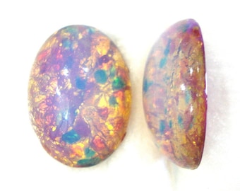 2 pc Lot 18x13mm Glass Fire Opal Oval Cabochons Vintage Czech Stones