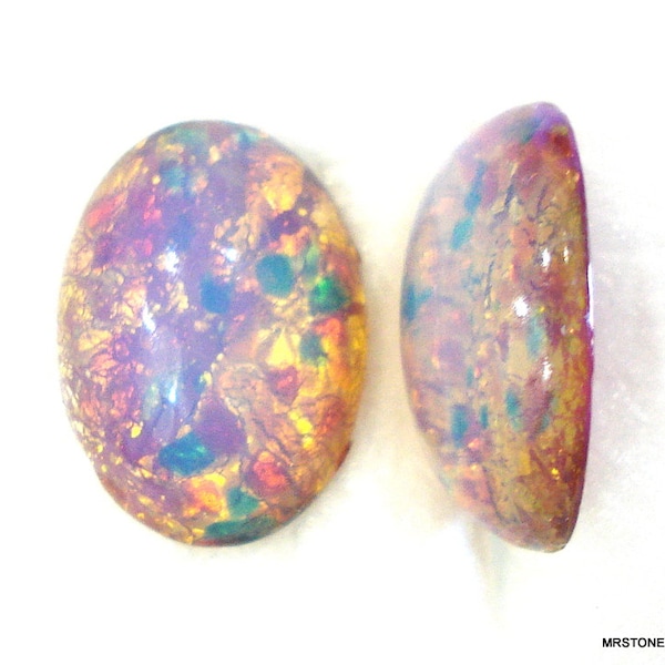 2 pc Lot 18x13mm Glass Fire Opal Oval Cabochons Vintage Czech Stones