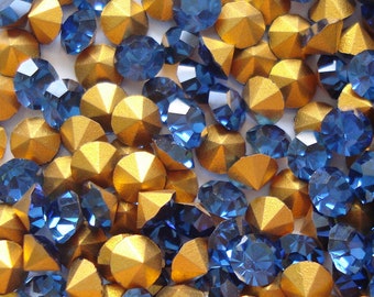 24 pc Lot Montana Sapphire Blue 1100 18ss 4.2 4.3mm vintage Swarovski 1st Quality Gold Foiled vintage Strass (coupe 1100)