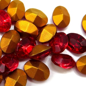 12 pc Lot 7x5mm Siam Red Ovals Gold Foiled Pointed Back 4100/2 TTC Cut Vintage Rhinestones
