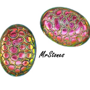 2 pc Lot 18x13mm Helio Red Specialty Snakeskin Oval Glass Cabochon West Germany Iridescent
