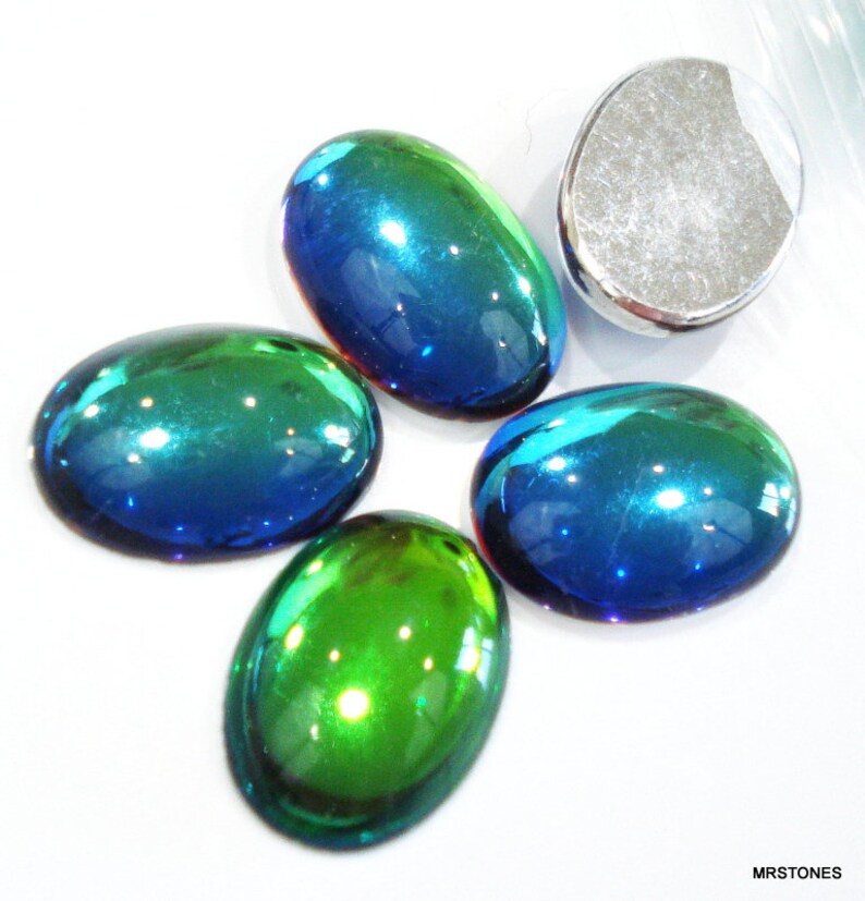 2 pc Lot 18x13mm Bermuda Blue Glass Oval Vintage Cabochons