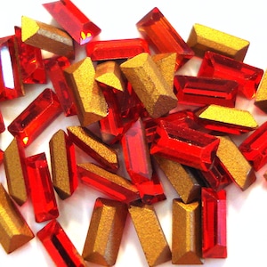 12 pc Lot 4x2mm Light Siam Red Baguettes Gold Foiled Pointed Back Vintage Swarovski 4500 Rhinestones