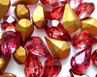 Vintage Swarovski Peach Pear Rhinestones, Gold Foiled Backs, 10x6mm (12 pc Lot)