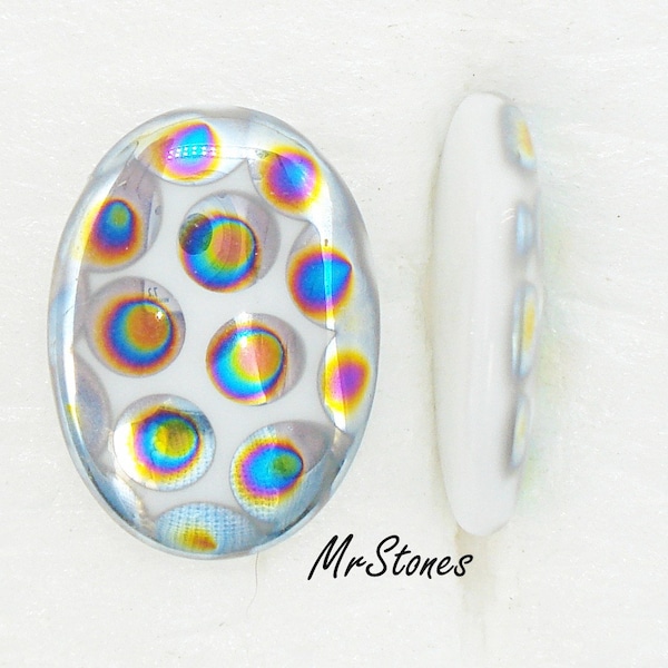 2pcs 18x13mm (1685) Shiny White Peacock Oval Cabochon Low Dome 3mm Glass Foiled Czech Stones