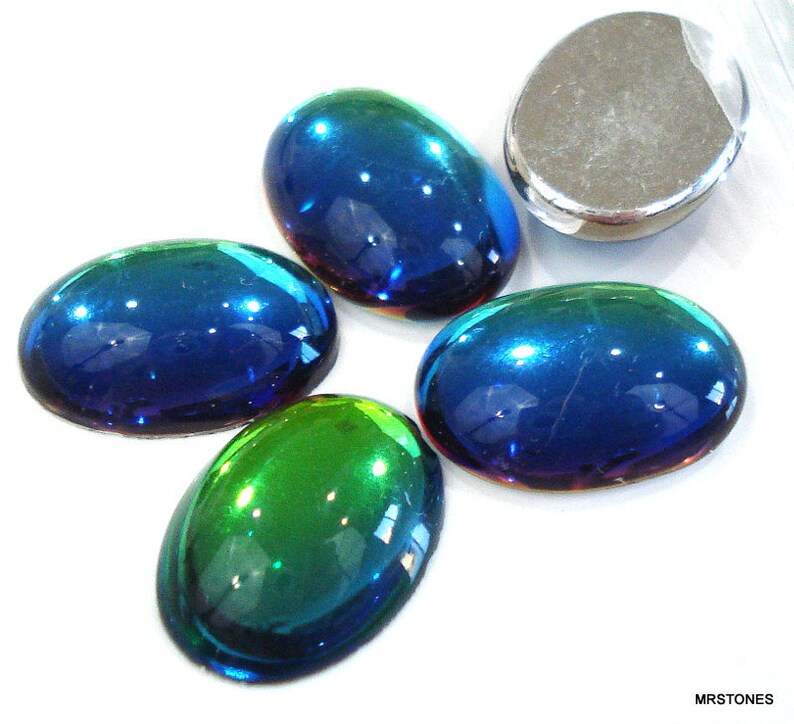 2 pc Lot 18x13mm Bermuda Blue Glass Oval Vintage Cabochons