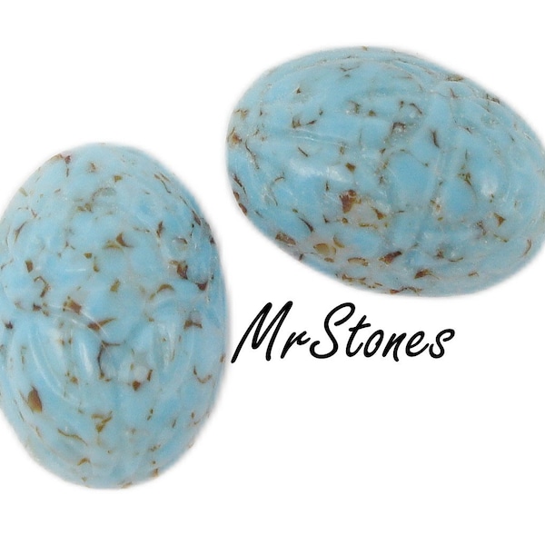 2 pc Lot 14x10 Scarabs Turquoise Brown Matrix Beetle Bug Egyptian Oval Glass Vintage Stones Cabochon