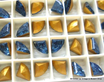 24 pc Lot 8mm (4729) Montana Sapphire Blue Pie Shape Vintage Swarovski Rhinestones Pointed Back Gold Foil