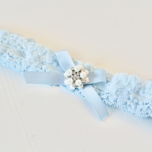GEORGIE: Pale Blue Bow Wedding Garter.