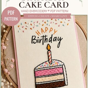 Puede incluir: Un patrón de bordado a mano en PDF titulado BIRTHDAY CAKE CARD de YAMAMOTO ARTSCRAFT. El diseño muestra una porción de pastel con capas rosa, crema y marrón, una vela y el texto HAPPY Birthday con chispas de colores encima.