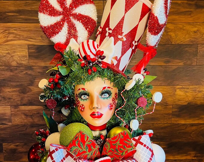 Christmas Centerpiece, Peppermint Centerpiece, Mannequin Head