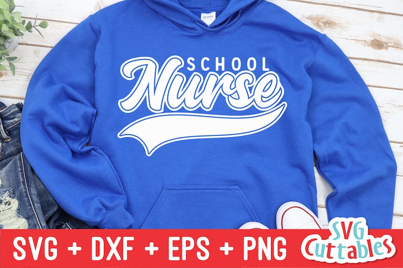 May include: A royal blue hoodie with a white graphic that says "School Nurse" in a varsity-style font with a white baseball-style arc underneath.