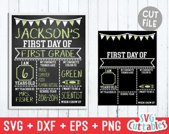 May include: A black and white printable sign for a first day of school. The sign has a chalkboard style background with the text "Jackson's First Day of First Grade". The sign includes spaces to fill in the child's age, favorite things, favorite color, teacher's name, and school year.