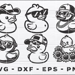 May include: A set of ten black and white illustrations of rubber ducks wearing different accessories. The ducks are wearing sunglasses, hats, and a bandana. One duck is surrounded by sunflowers.