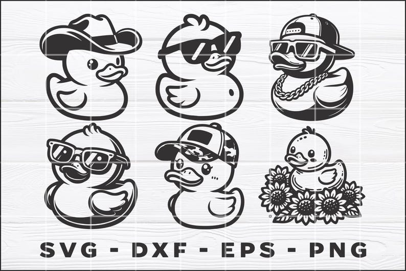 May include: A set of ten black and white illustrations of rubber ducks wearing different accessories. The ducks are wearing sunglasses, hats, and a bandana. One duck is surrounded by sunflowers.