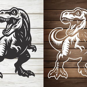 May include: Two stylized images of a Tyrannosaurus Rex dinosaur. One is a black silhouette on a white wood background, and the other is a white outline on a brown wood background. The dinosaur is depicted with its mouth open.